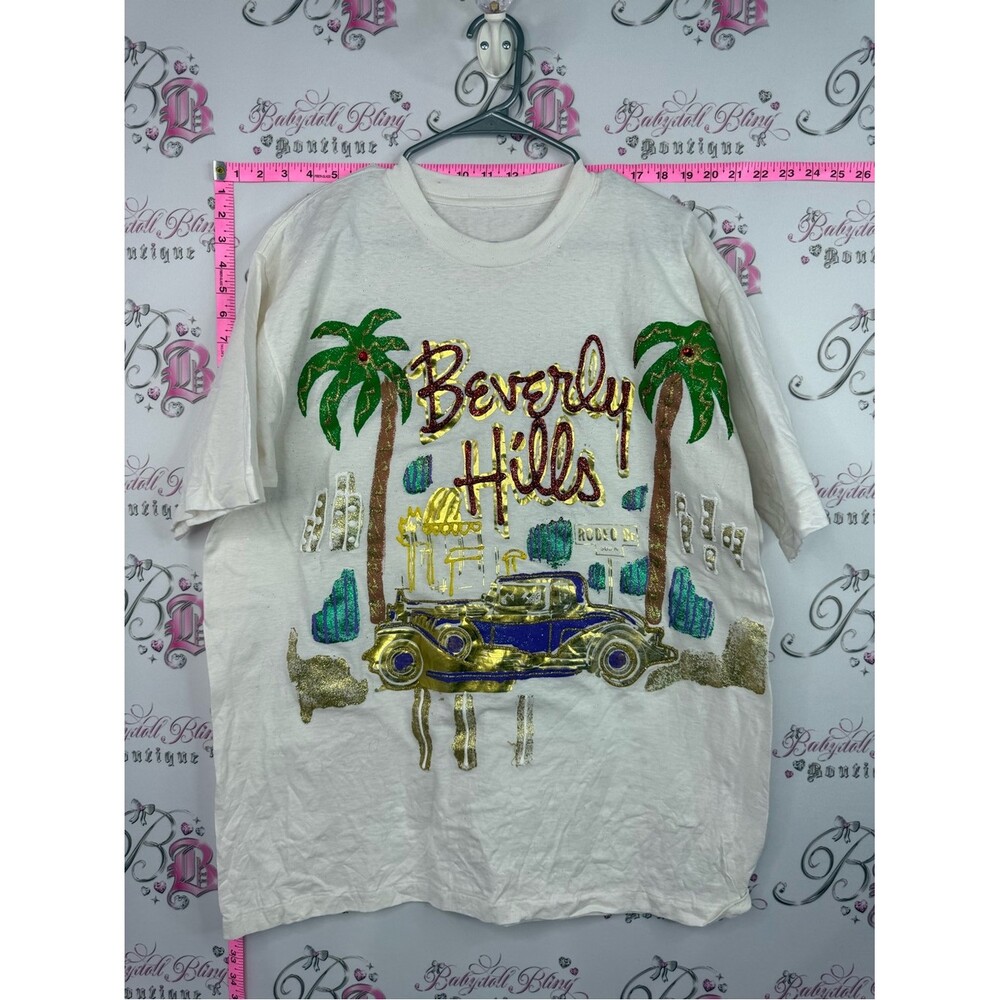 Beverly Hills 3D tshirt rare Sequin Graphic Tee - Cream with Green & Gold